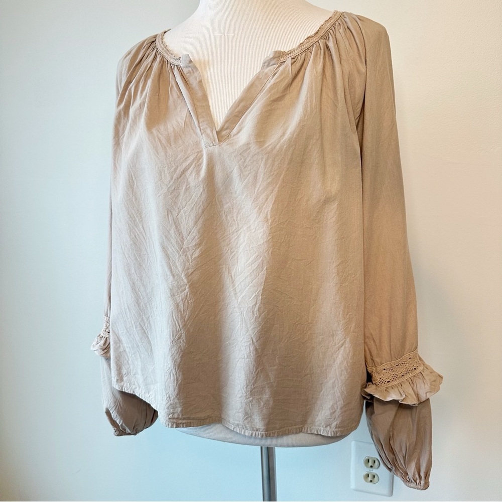 Evereve Elli Top Blouse Sandstone Poplin Blouson Crochet Balloon Sleeves, M - Picture 3 of 16